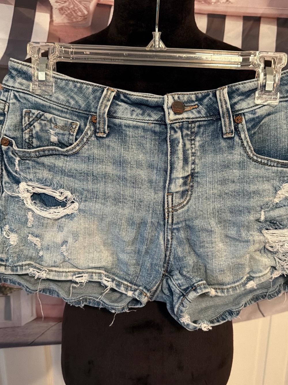 Buckle Distressed Light Blue Denim Jean Shorts
